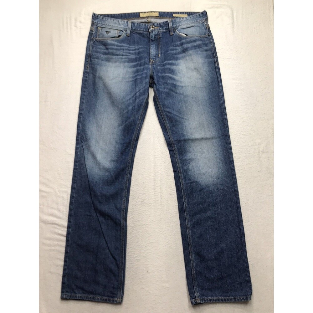 GUESS Lincoln Slim Straight Jeans Men 36x32 Faded Blue Whiskered Non Stretch